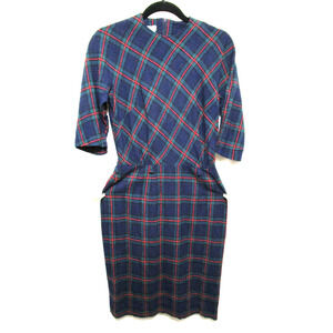 VTG 50’s Mr. Simon Blue Plaid 3/4 Sleeve Wool Sheath Dress Women Sz M